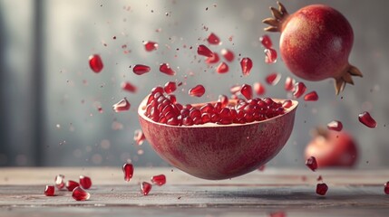 Poster - Pomegranates falling into the air, suitable for food concepts