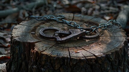 Poster - Scissors placed on a tree stump, perfect for nature-themed projects