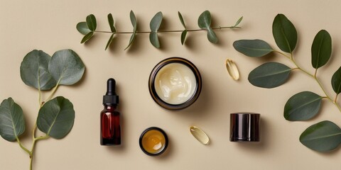 Poster - Assortment of skin care products on beige background. Suitable for beauty and skincare concepts