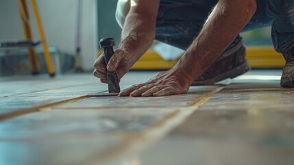 Poster - Man using nail grinder on tile floor, useful for home renovation projects