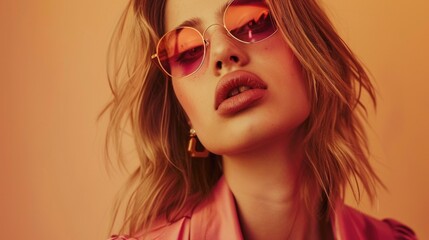 Aufkleber - A woman wearing sunglasses and a pink shirt. Suitable for fashion or summer-themed designs