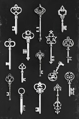 Poster - A collection of keys in monochrome tones, suitable for various concepts