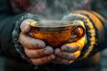 Poster - a person's hands holding a steaming cup of tea