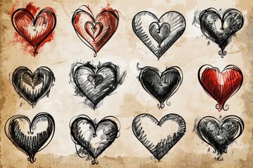 Aufkleber - A bunch of hearts drawn on a piece of paper. Suitable for various romantic themes
