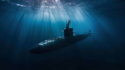 Sticker - A combat submarine plunges into the ocean depths on a military mission, a play of light underwater. 