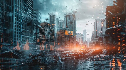 Poster - Cityscape with scattered debris, suitable for post-apocalyptic or urban decay themes