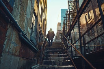 Poster - Person walking up a set of stairs, suitable for business concepts