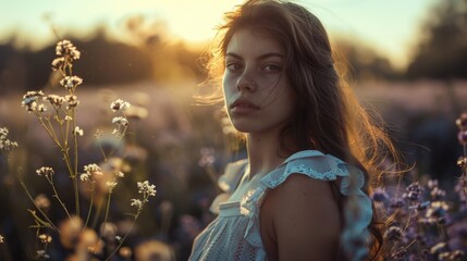 Poster - A woman standing in a beautiful field of flowers. Perfect for nature and lifestyle concepts