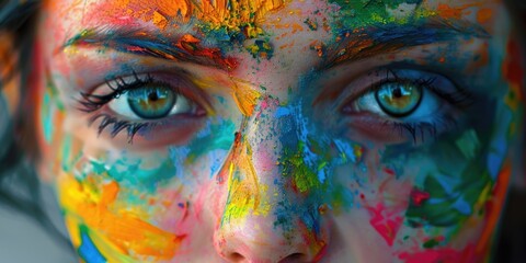 Poster - Close up of a person with colorful paint on their face. Suitable for artistic and creative concepts