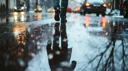 Poster - A person walking in the rain with an umbrella. Suitable for weather or outdoor concepts