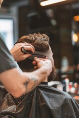 Poster - A man getting his hair cut at a barber shop. Ideal for barber shop promotions