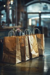 Poster - Row of brown paper bags on a table, suitable for packaging concept