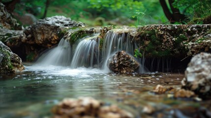 Poster - A serene image of a small waterfall flowing over rocks in a peaceful forest setting. Suitable for nature and relaxation themes