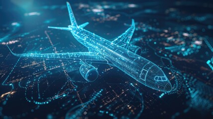 Poster - A large airplane flying over a city at night. Suitable for travel or transportation concepts