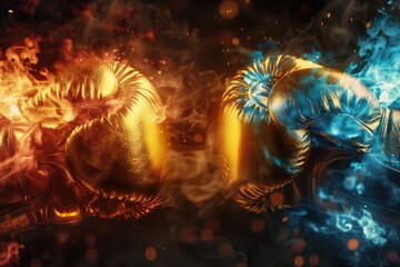 Poster - Pair of boxing gloves with fiery background, suitable for sports or competition themes
