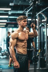 Aufkleber - A shirtless young man standing in a gym. Perfect for fitness and lifestyle concepts