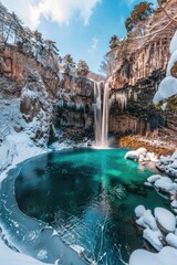 Poster - A beautiful waterfall in the snowy forest, perfect for winter themes