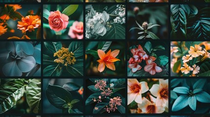 Poster - A vibrant collage of various colored flowers and leaves. Suitable for botanical and nature-themed designs