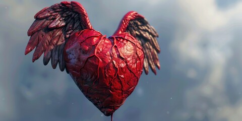 Poster - A red heart with wings floating in the air. Perfect for romantic or love-themed designs