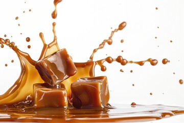 Poster - Caramel and ice cubes splashing on a white surface, perfect for food and beverage concepts
