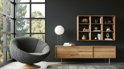 Elegant grey barrel chair and wooden furniture in a modern living room