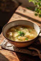 Poster - Warm bowl of soup on rustic wooden table, perfect for food blogs or restaurant menus