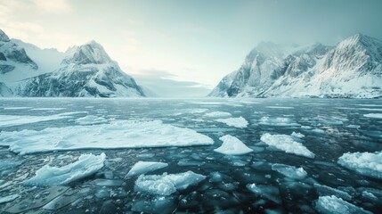 Poster - Scenic view of a large body of water surrounded by snow covered mountains. Perfect for travel and nature concepts