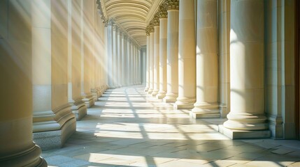 Poster - A long row of white pillars in a building. Suitable for architectural projects