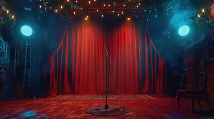 Aufkleber - A stage with a red curtain and a microphone, perfect for performance events