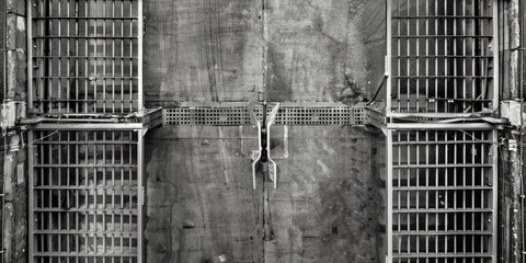 Poster - Black and white photo of a jail cell. Suitable for crime and justice themes