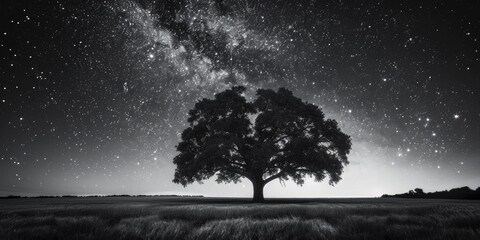 Poster - Black and white photo of a tree in a field. Suitable for nature and minimalist concepts