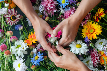 Wall Mural - a person's hands arranging freshly picked flowers into a bouquet