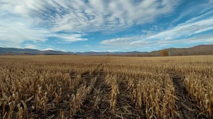 Poster - Scenic view of corn field with mountains in background, suitable for agricultural and nature concepts
