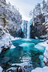 Aufkleber - A stunning waterfall in a snowy forest. Ideal for nature and winter-themed designs