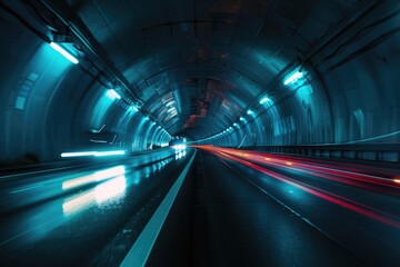 Poster - Busy night traffic in a tunnel, suitable for transportation concepts