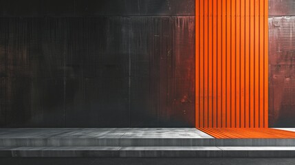 Wall Mural - Abstract architectural design, showcasing a juxtaposition of dark textured walls and a vibrant orange vertical corrugated metal sheet, creating a striking contrast