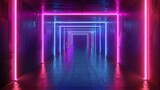 Fototapeta Do przedpokoju - The corridor bathed in pink and blue neon lights stretches forward, creating a deep and immersive tunnel effect in a scene reminiscent of a sci-fi fantasy.