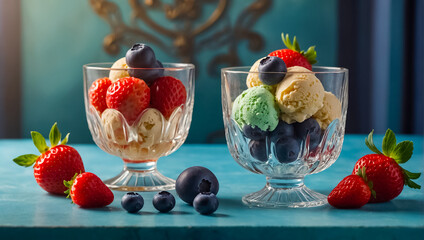 Wall Mural - ice cream balls with strawberries, blueberries in glass bowls dessert