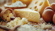 close-up shot of a variety of dairy products creamy textures of milk, butter, and cheese and cottage cheese and some eggs