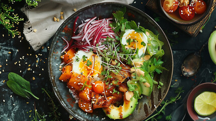 Wall Mural - pokebowl with vegetables egg soya saus onion aocado and seeds