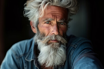 Wall Mural - A man with a beard and gray hair is wearing a blue shirt. He has a serious expression on his face. 45 old man with silver beard