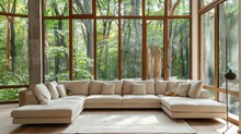 Luxurious Beige Corner Sofa In A Spacious Modern Living Room With Large Windows And Forest View