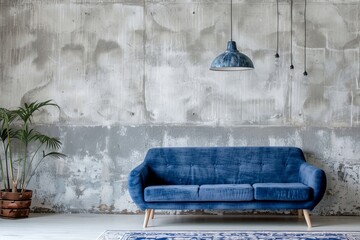 Wall Mural - Modern blue sofa in a minimalist living room with concrete wall