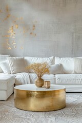 Wall Mural - Elegant golden coffee table with decorative vase in a modern white living room setting