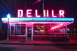 A neon sign for Delirr restaurant is lit up in neon colors