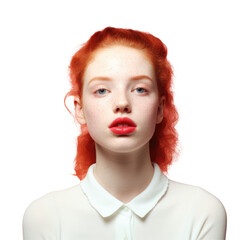 Wall Mural - Woman with red hair in white shirt red lipstick adds touch of glamour on transparent