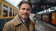 Handsome mature man in stylish coat smiling at train station.