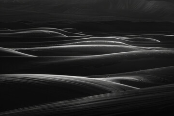 Wall Mural - A black and white photo of a desert landscape with a few small hills