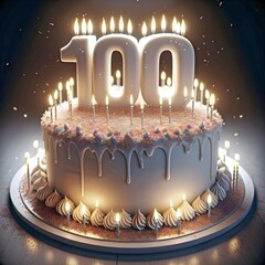 Poster - A large cake with the number 100 and numerous lit candles and dripping icing