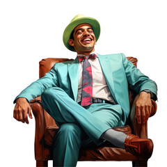 Wall Mural - An artist in a suit and tie, wearing a hat, is seated in a chair, smiling with their thumb up. They are ready to perform at the upcoming entertainment event on transparent